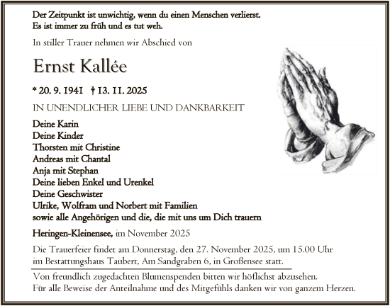 Traueranzeige von Ernst Kallée von HZHN