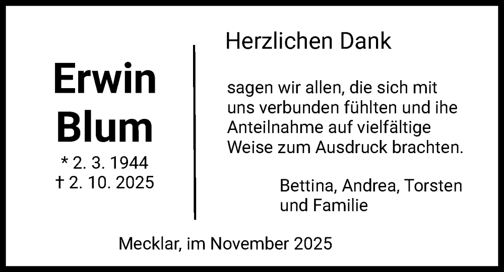  Traueranzeige für Erwin Blum vom 01.11.2025 aus HZ