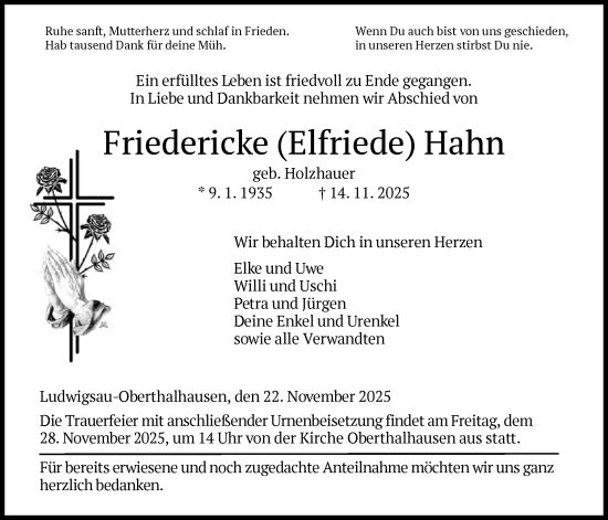 Traueranzeige von Friedericke Hahn von HZHN