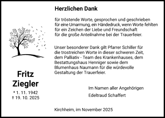 Traueranzeige von Fritz Ziegler von HZHN