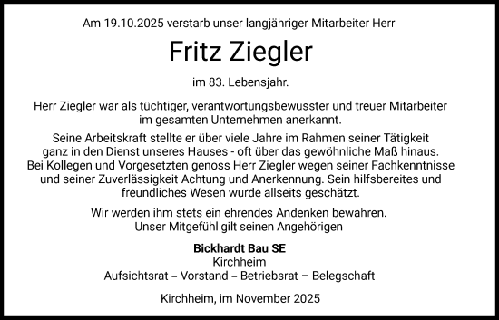 Traueranzeige von Fritz Ziegler von HZ