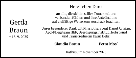 Traueranzeige von Gerda Braun von HZ