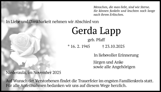 Traueranzeige von Gerda Lapp von HZHN