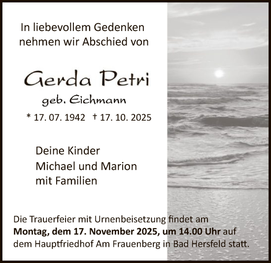 Traueranzeige von Gerda Petri von HZ