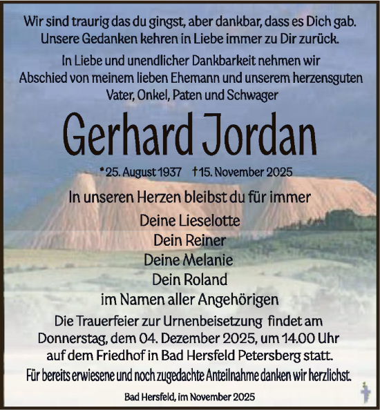 Traueranzeige von Gerhard Jordan von HZHN