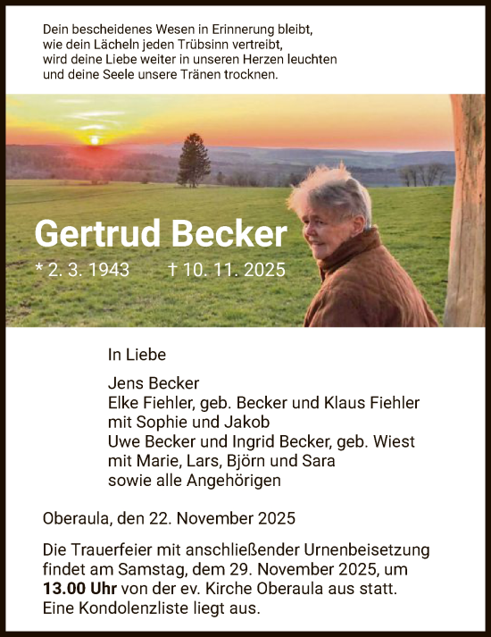 Traueranzeige von Gertrud Becker von HZ