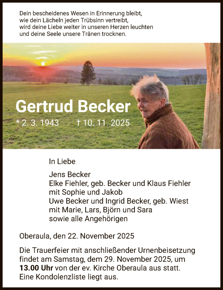  Traueranzeige für Gertrud Becker vom 22.11.2025 aus HZ
