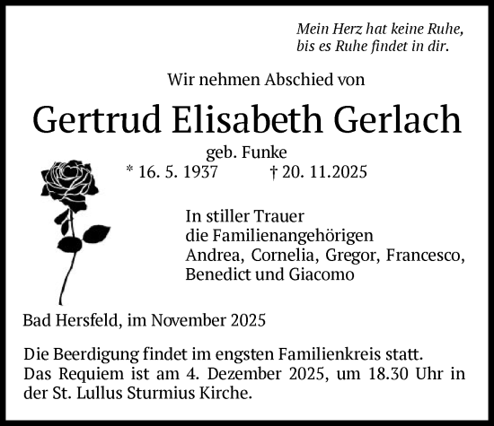 Traueranzeige von Gertrud Elisabeth Gerlach von HZ
