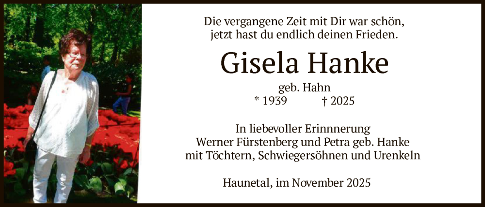  Traueranzeige für Gisela Hanke vom 01.11.2025 aus HZ