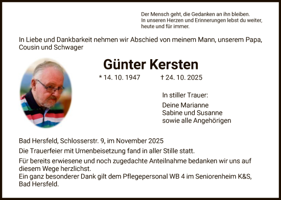 Traueranzeige von Günter Kersten von HZ