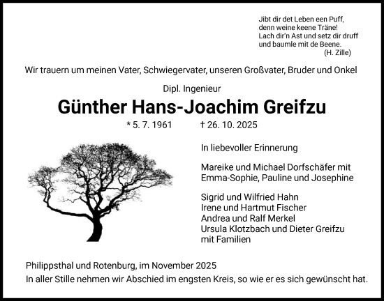 Traueranzeige von Günther Hans-Joachim Greifzu von HZ
