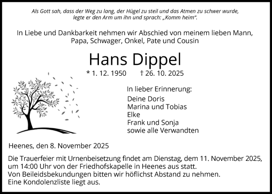 Traueranzeige von Hans Dippel von HZ