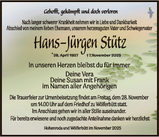 Traueranzeige von Hans-Jürgen Stütz von HZHN