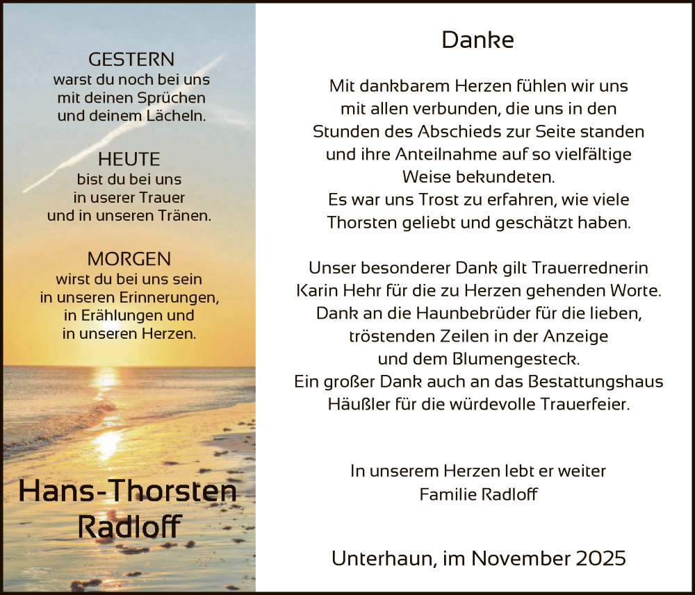  Traueranzeige für Hans-Thorsten Radloff vom 29.11.2025 aus HZHN