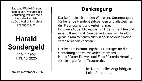 Traueranzeige von Harald Sondergeld von HZ