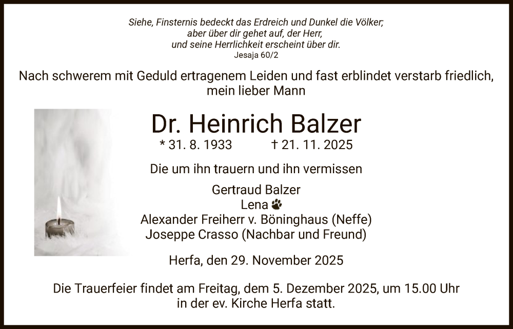  Traueranzeige für Heinrich Balzer vom 29.11.2025 aus HZ