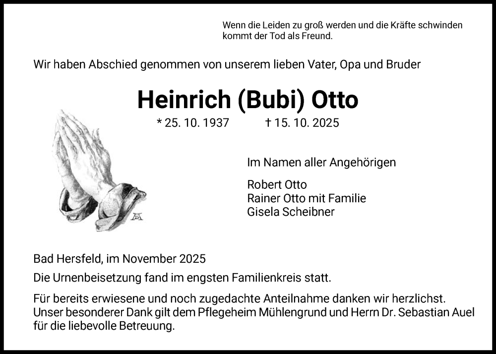  Traueranzeige für Heinrich Otto vom 29.11.2025 aus HZ