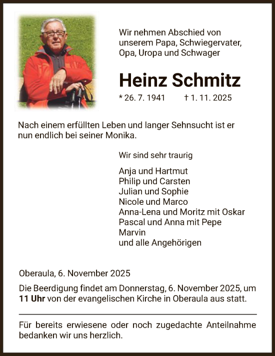 Traueranzeige von Heinz Schmitz von HNAHZ