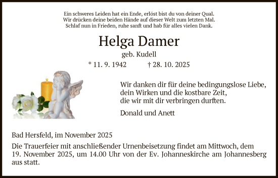 Traueranzeige von Helga Damer von HZ
