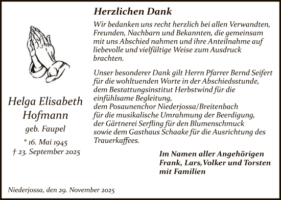 Traueranzeige von Helga Elisabeth Hofmann von HZ