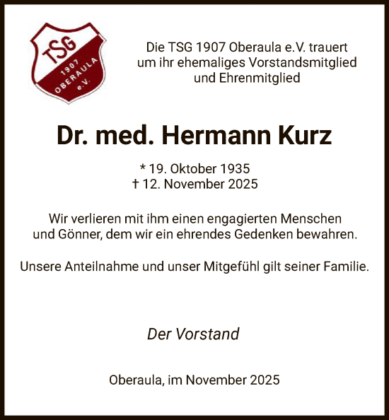 Traueranzeige von Hermann Kurz von HNAHZ