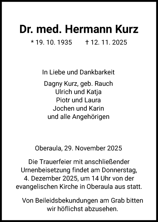 Traueranzeige von Hermann Kurz von HNAHZ