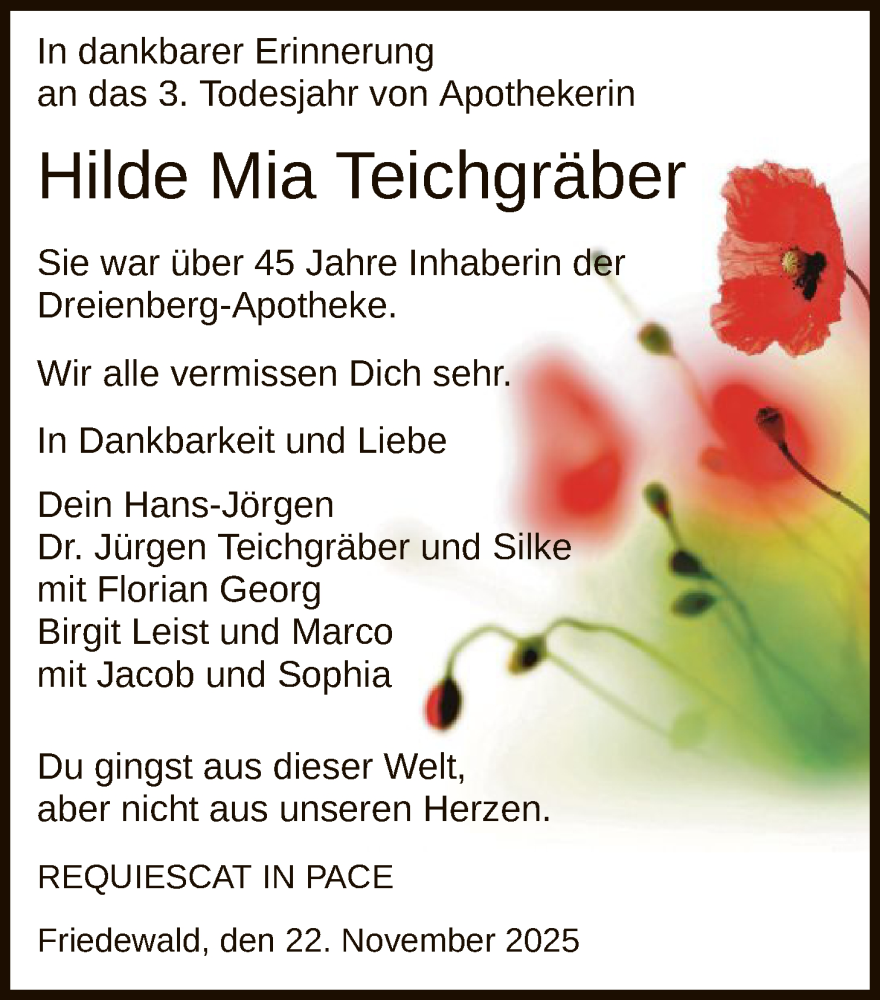  Traueranzeige für Hilde Mia Teichgräber vom 22.11.2025 aus HZ