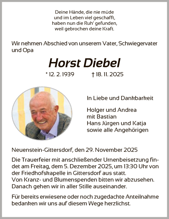 Traueranzeige von Horst Diebel von HZ