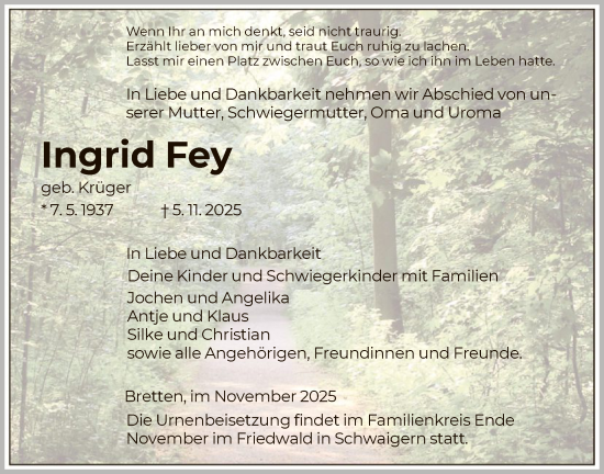 Traueranzeige von Ingrid Fey von HZHN