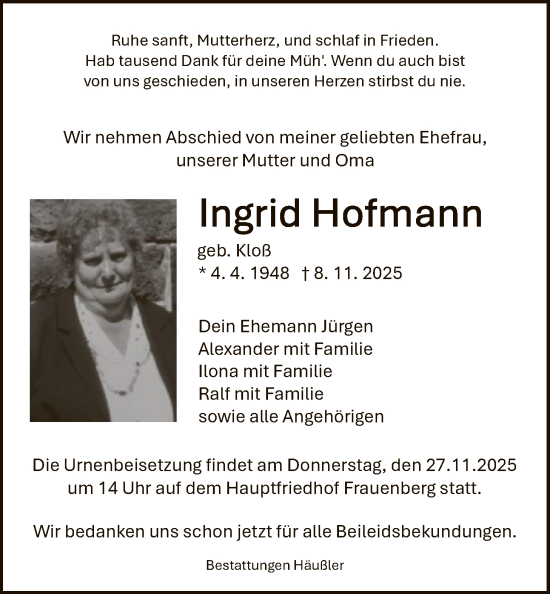 Traueranzeige von Ingrid Hofmann von HNHZ