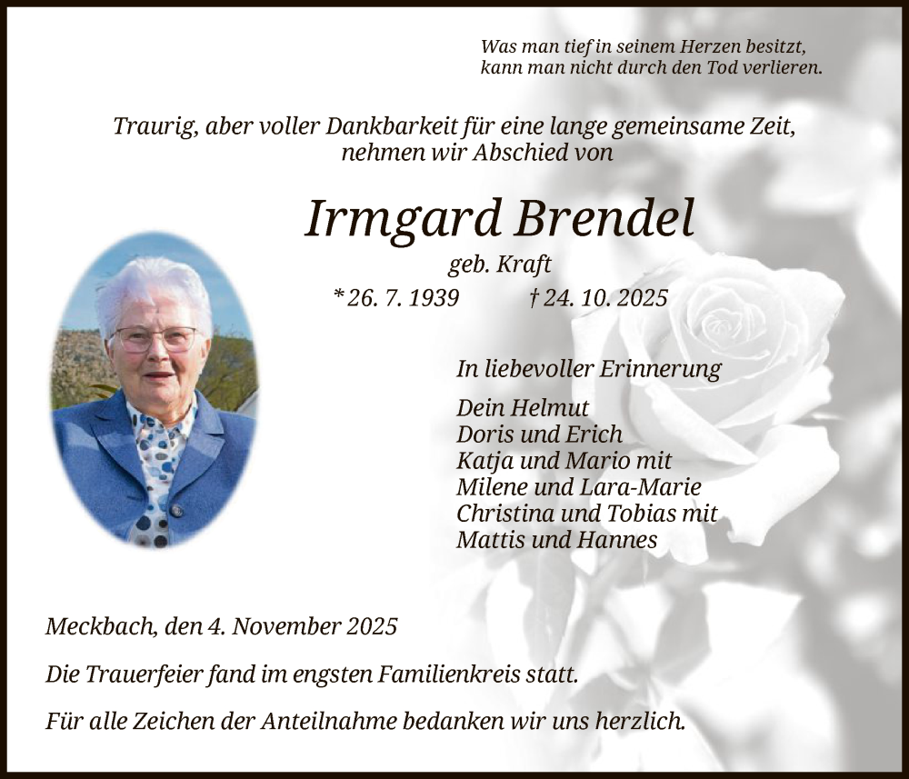  Traueranzeige für Irmgard Brendel vom 04.11.2025 aus HZ