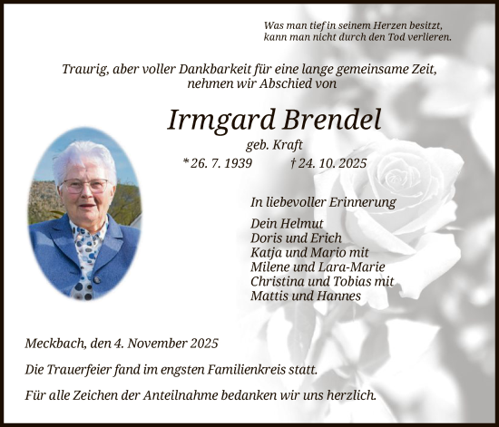 Traueranzeige von Irmgard Brendel von HZ