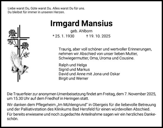 Traueranzeige von Irmgard Mansius von HZ