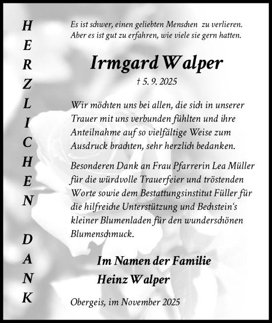 Traueranzeige von Irmgard Walper von HZ
