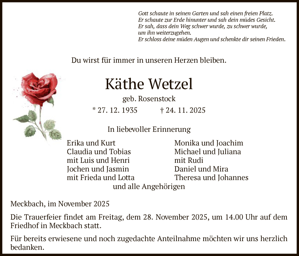  Traueranzeige für Käthe Wetzel vom 26.11.2025 aus HZ
