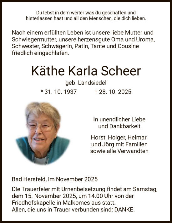 Traueranzeige von Käthe Karla Scheer von HZHN