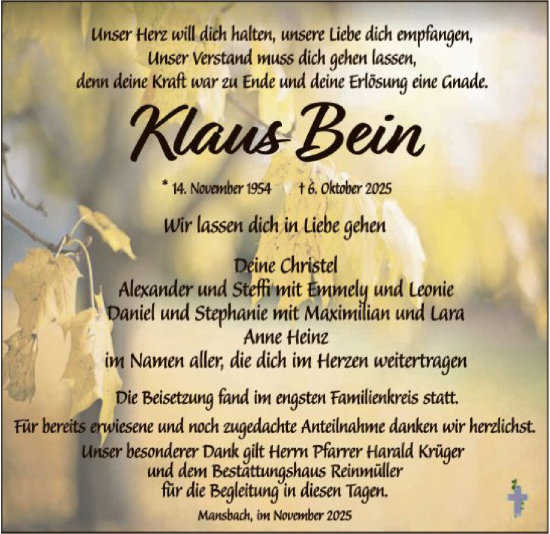 Traueranzeige von Klaus Bein von HZHN