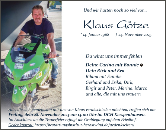 Traueranzeige von Klaus Götze von HZ