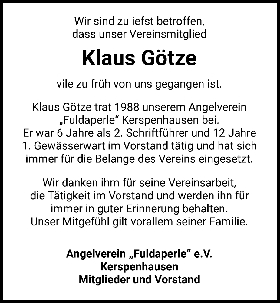  Traueranzeige für Klaus Götze vom 29.11.2025 aus HZ