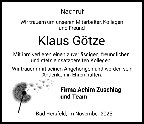 Traueranzeige von Klaus Götze von HZ