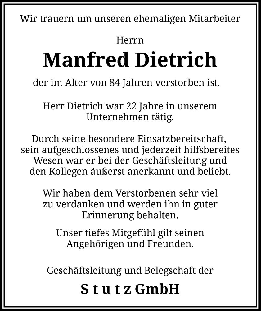  Traueranzeige für Manfred Dietrich vom 22.11.2025 aus HZ