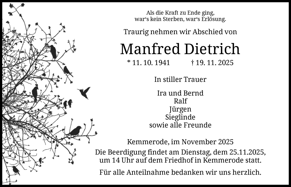  Traueranzeige für Manfred Dietrich vom 22.11.2025 aus HZ