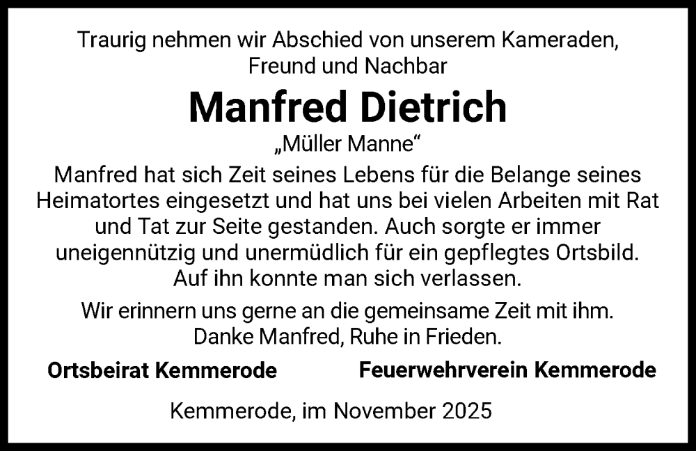 Traueranzeige für Manfred Dietrich vom 22.11.2025 aus HZ