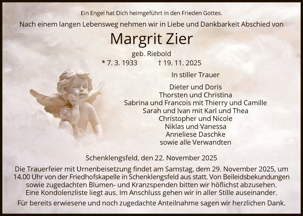  Traueranzeige für Margrit Zier vom 22.11.2025 aus HZ