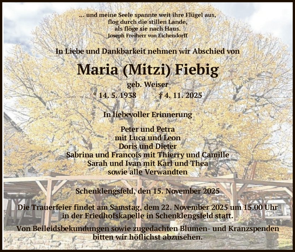  Traueranzeige für Maria Fiebig vom 15.11.2025 aus HZ