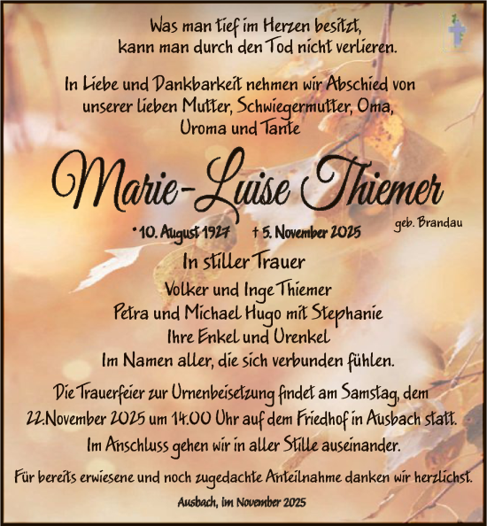 Traueranzeige von Marie-Luise Thiemer von HZHN