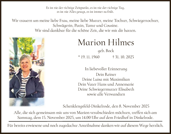 Traueranzeige von Marion Hilmes von HZ