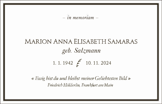 Traueranzeige von Marion Anna Elisabeth Samaras von HZ