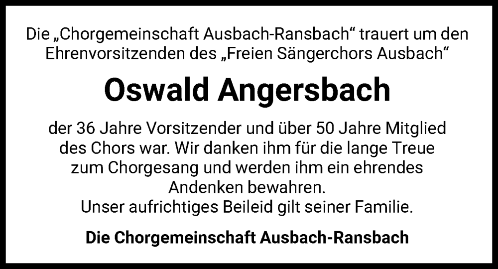  Traueranzeige für Oswald Angersbach vom 01.11.2025 aus HZ