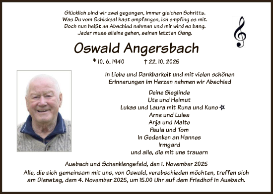 Traueranzeige von Oswald Angersbach von HZ